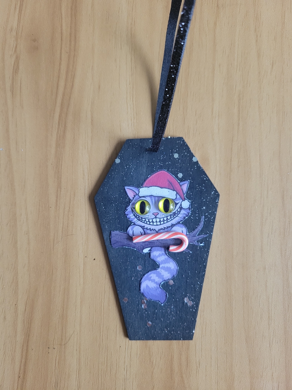 🧋NEW🧋Purple Cheshire Cat Coffin Ornament with Candy Cane